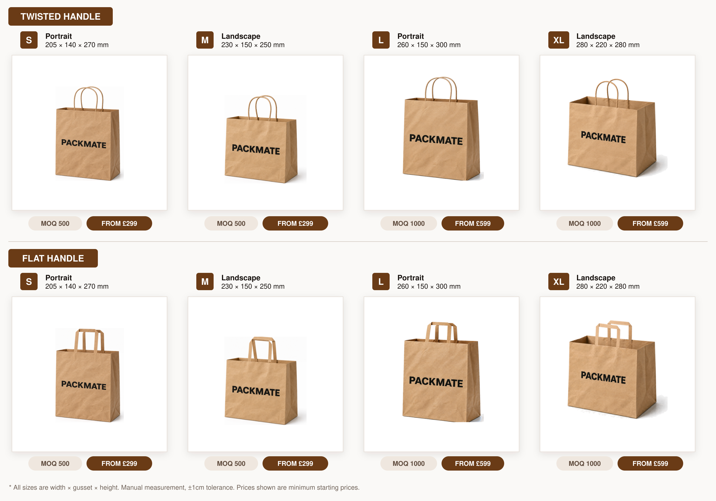 PACKMATES custom paper bag size range with logo printing